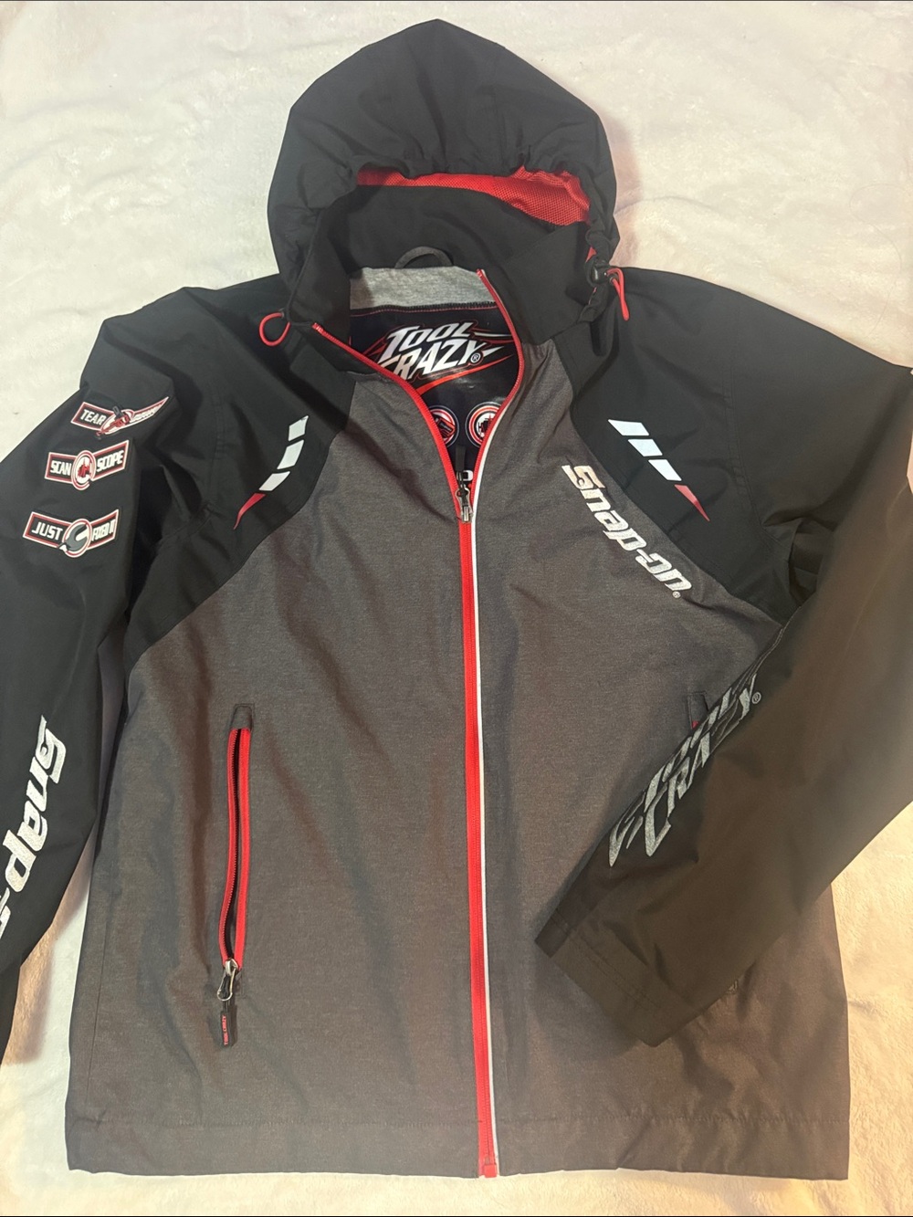 Snap Men's Hooded Softshell Jacket - Black, Gray & Red